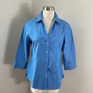 Foxcroft Womens 8 Blue Non Iron Fitted Button Up Shirt 3/4 Sleeve Blouse